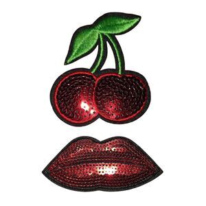 2pc Sequined & Embroidered Red Cherries & Lips Patches Appliques Iron-On Sew-On